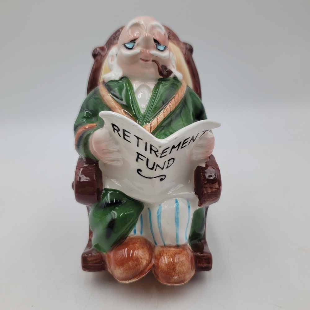 Vintage Lefkon Japan Ceramic Retirement Fund Man in Rocking Chair Piggy Bank
